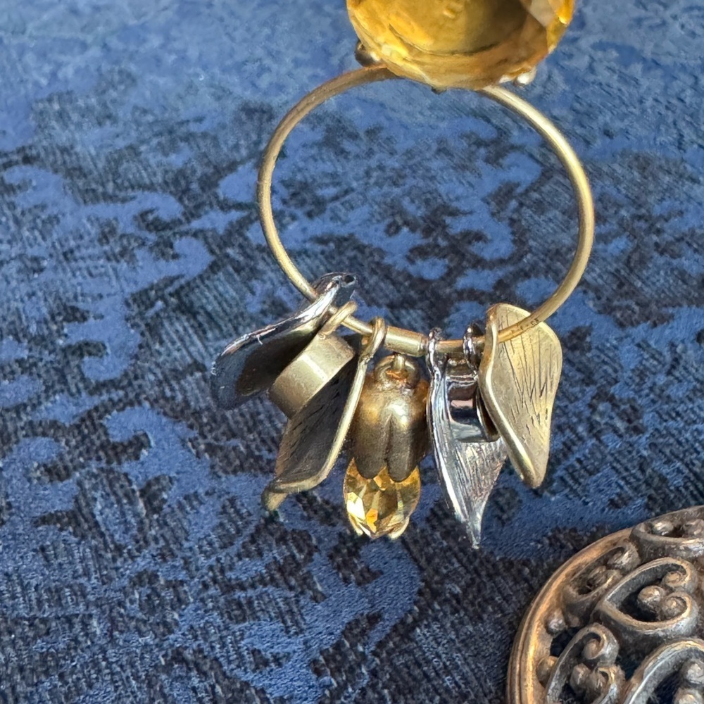 J Crew Petal Leaf Beaded Hoop Drop Amber Crystal Gold Silver Two-tone Earrings